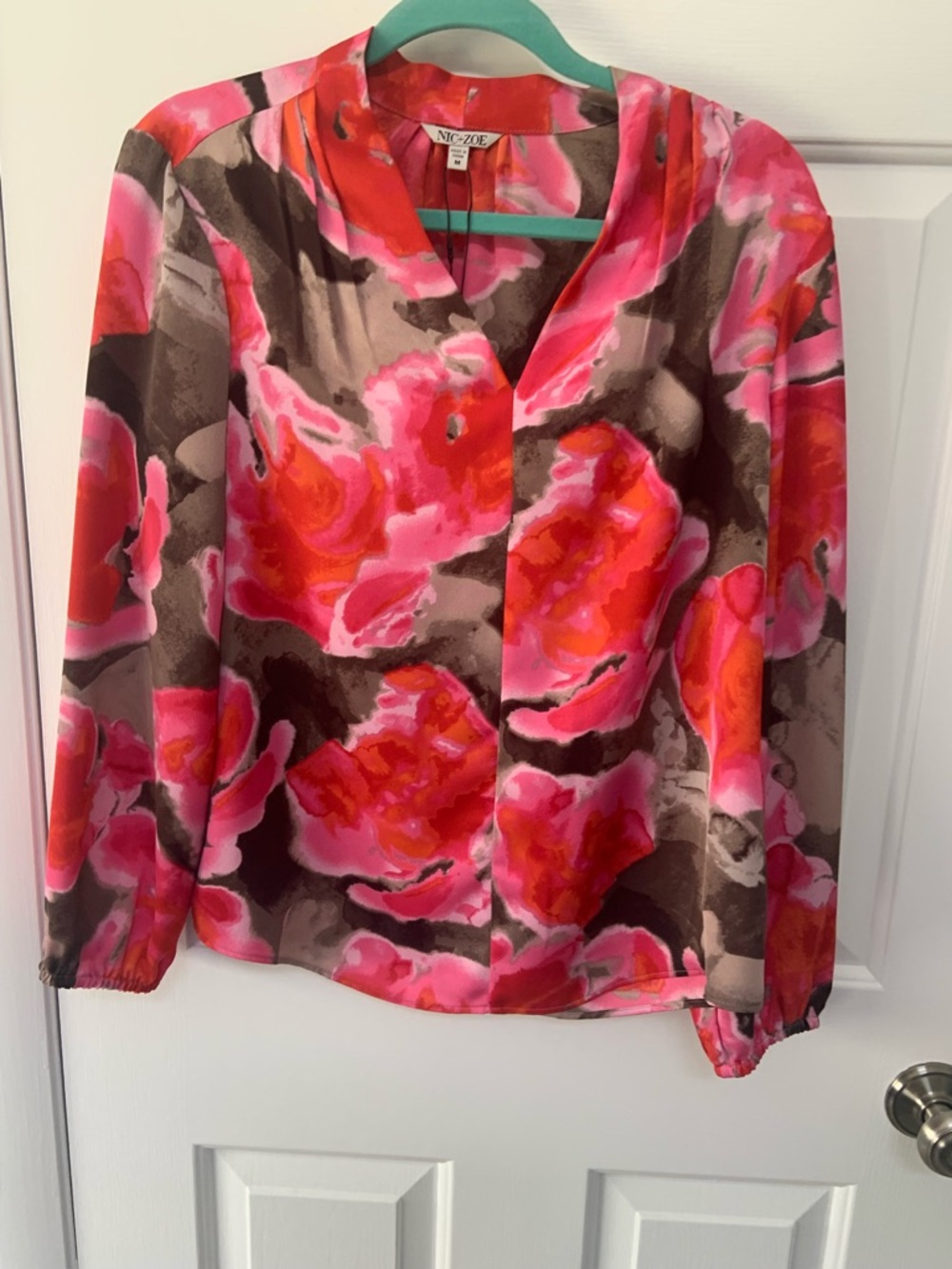 NIC+ZOE Pink, Orange & Brown Floral V-Neck Blouse